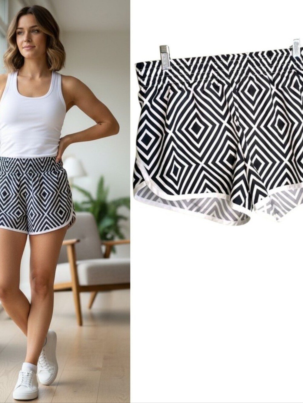 Athletic Works Shorts Women' Size M(8/10) Black White Print Elastic Waist Pullon